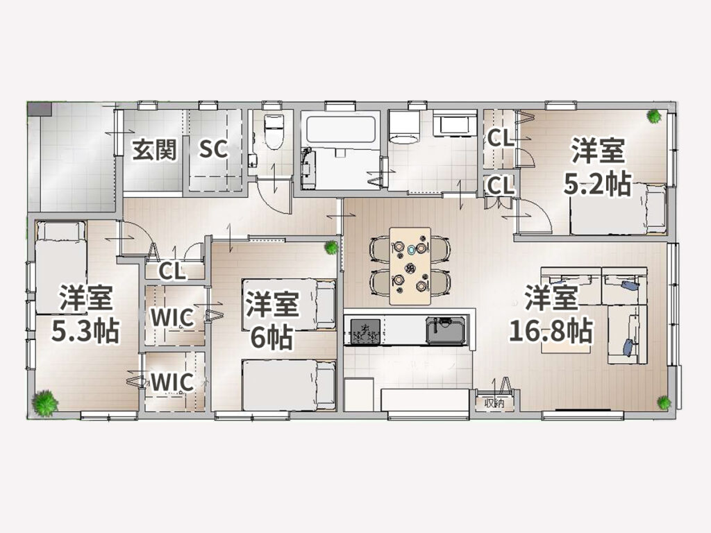 高知県高知市前里 分譲 一軒家 新築 平屋 レンガの家 4,658万円 約60坪 間取り図